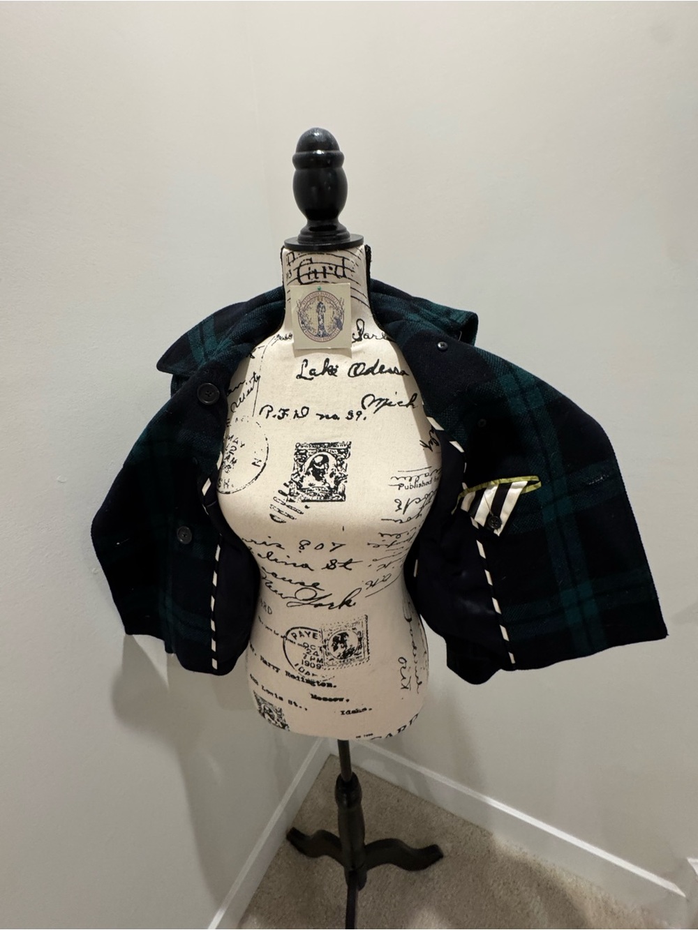 Rare Vtg J.Crew Wool Jacket Cropped Green Black Watch Plaid Peacoat 89712 sz 0 - Picture 7 of 12